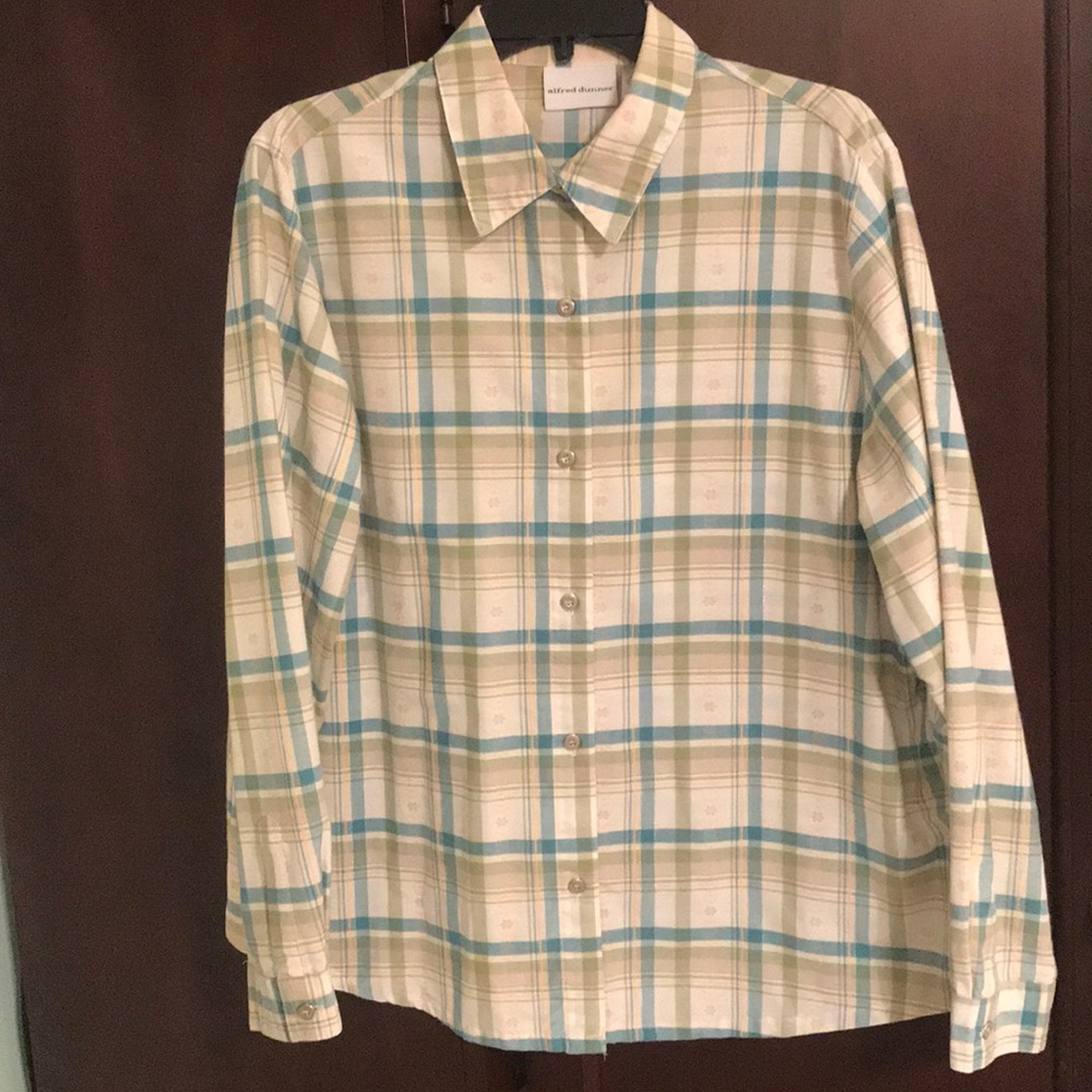 Alfred Dunner Plaid Blouse in Cream and Blue